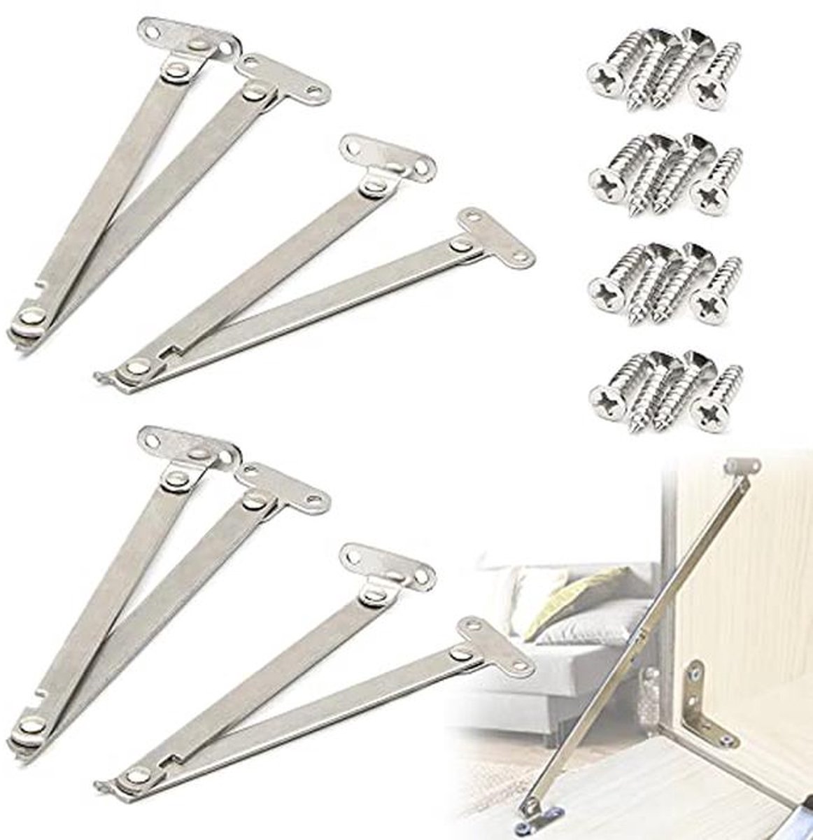 Stainless Steel Hinges for Furniture - 4 Pcs Cabinet Door Flip Support