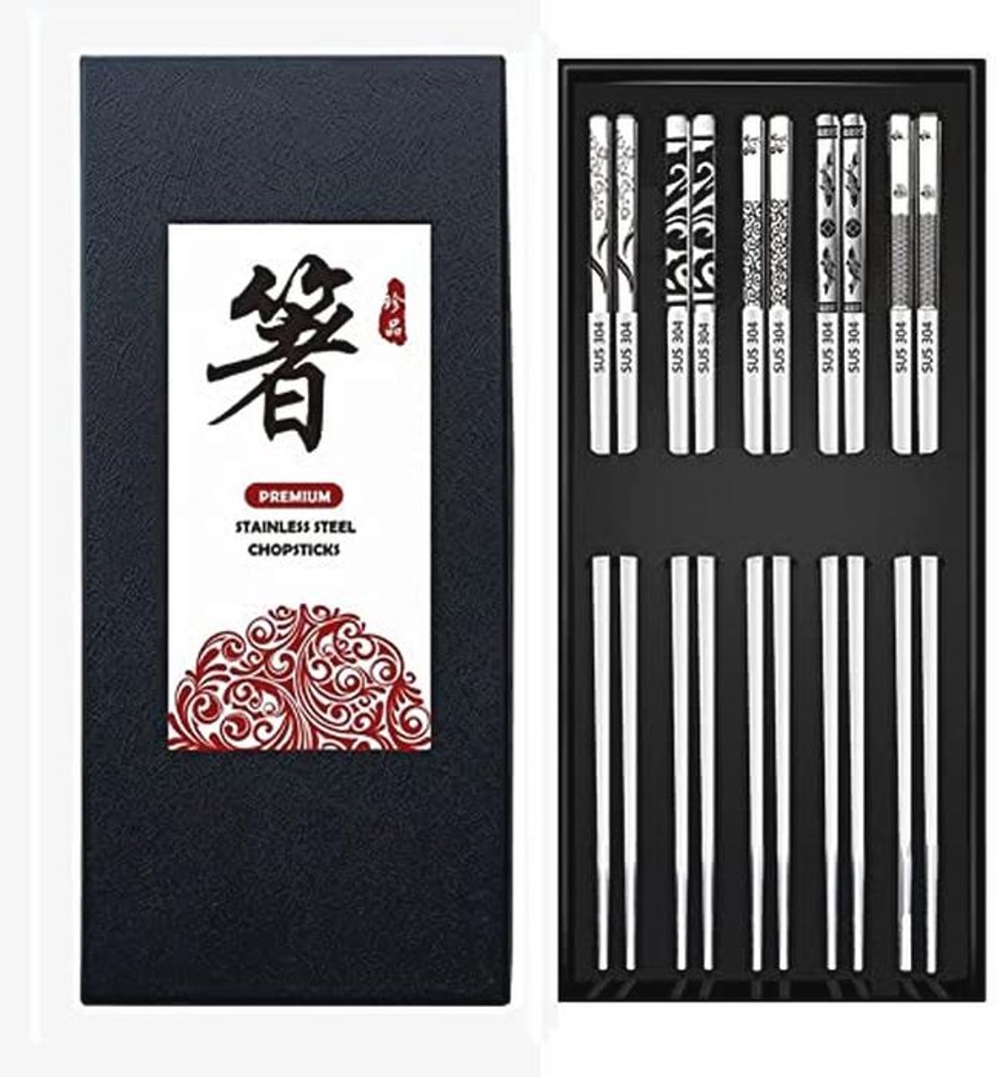 Herbruikbare roestvrijstalen eetstokjes - 5 paar met lasergravure, ideaal voor sushi en Aziatisch eten, vaatwasmachinebestendig, perfect als cadeau