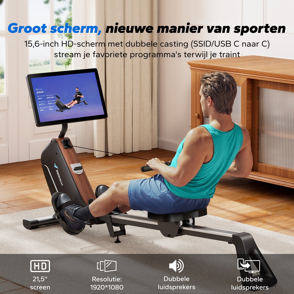 MERACH Roeimachine met HD-Display, Roeitrainer met 16 - afbeelding 3