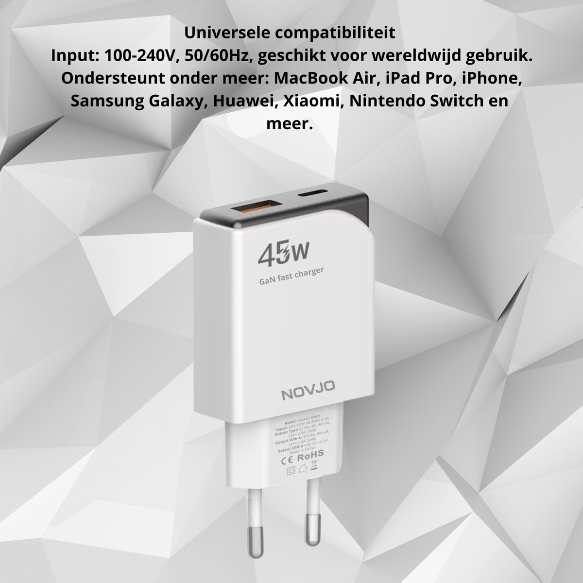 NOVJO® 45W Ultra-Dunne Snellader – USB-C + USB-A – Voor iPhone & Samsung