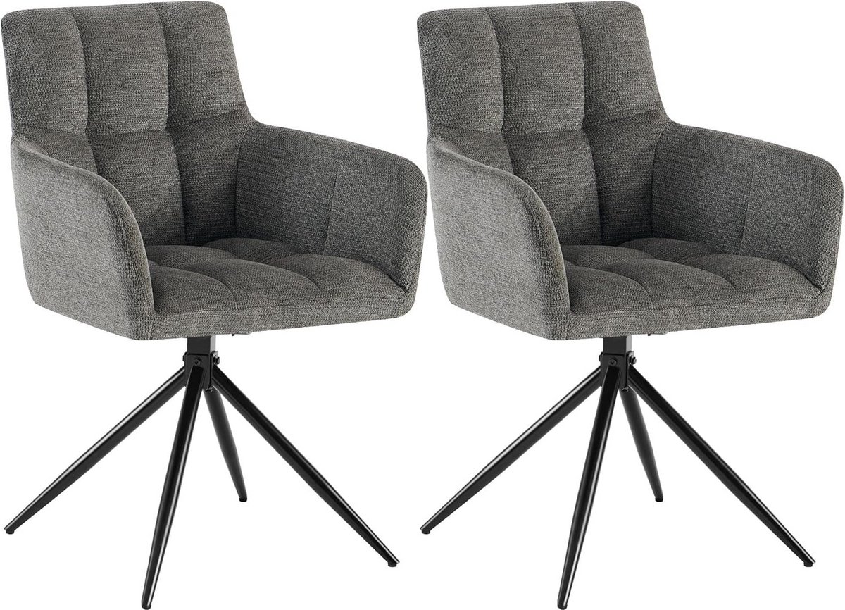 Set van 2 Eetkamerstoelen met Armleuning - Draaibaar 180° - Donkergrijs Stof