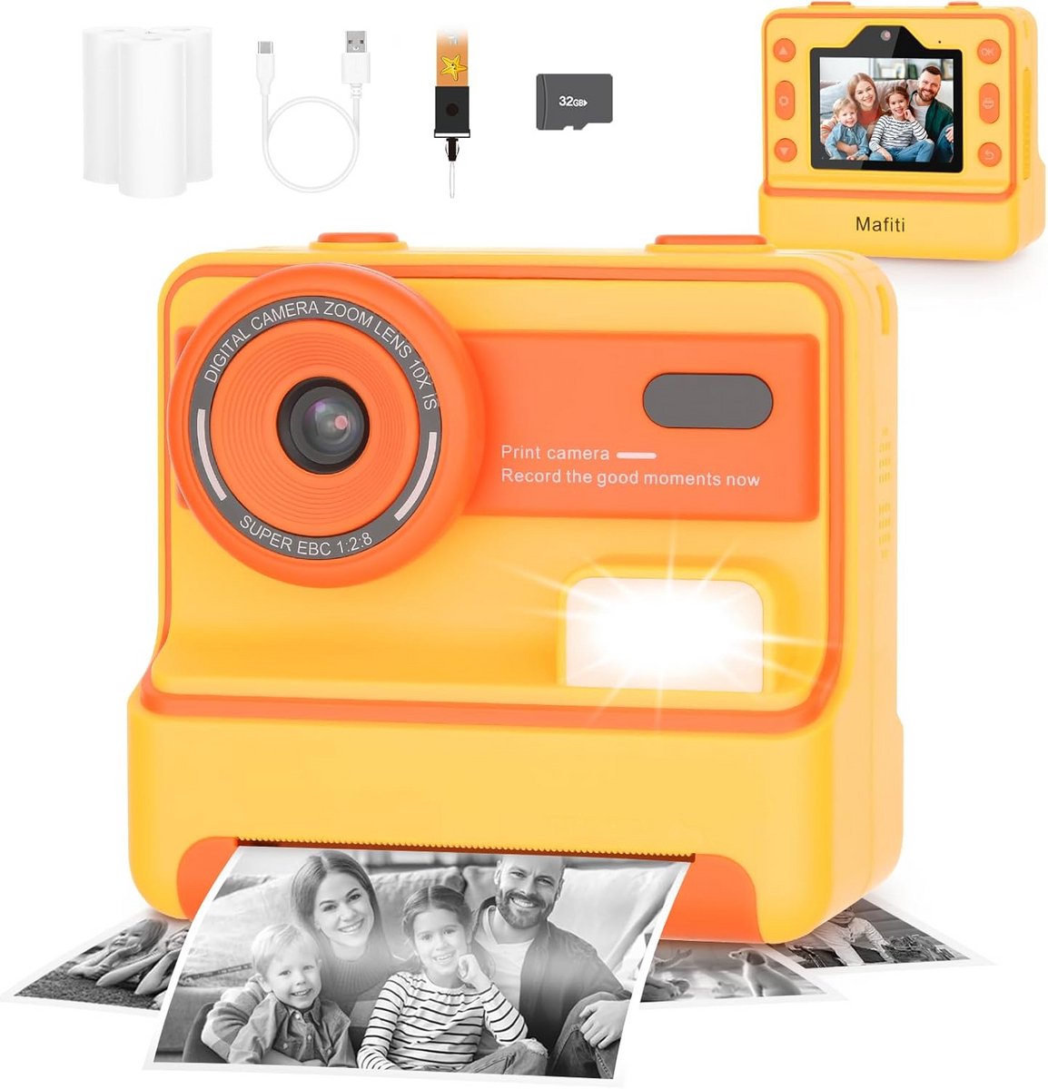 Digitale Kindercamera met Direct Printen, inclusief Printpapier en 32GB Geheugenkaart
