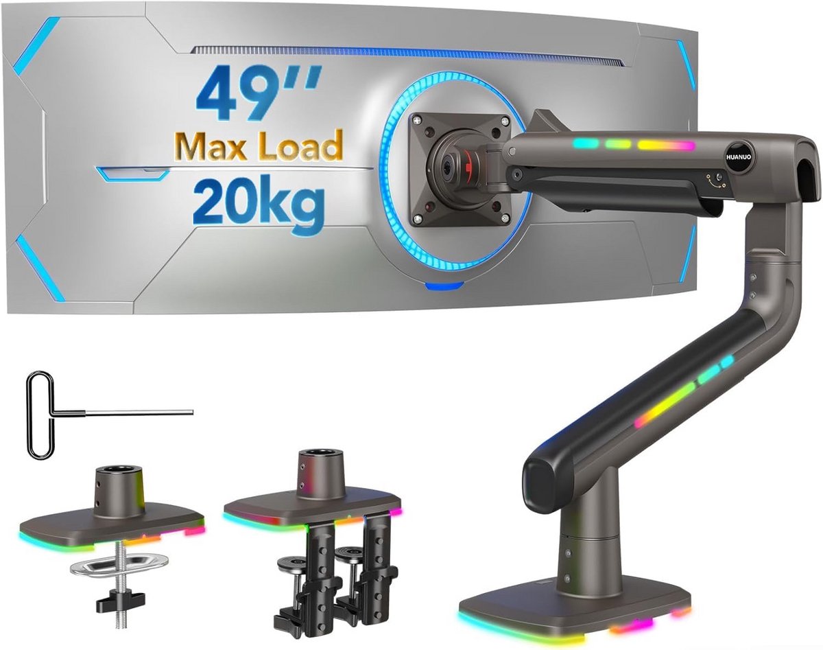 Zware Monitorarm met RGB Verlichting voor Ultrawide Schermen tot 49 Inch - Inclusief Klem