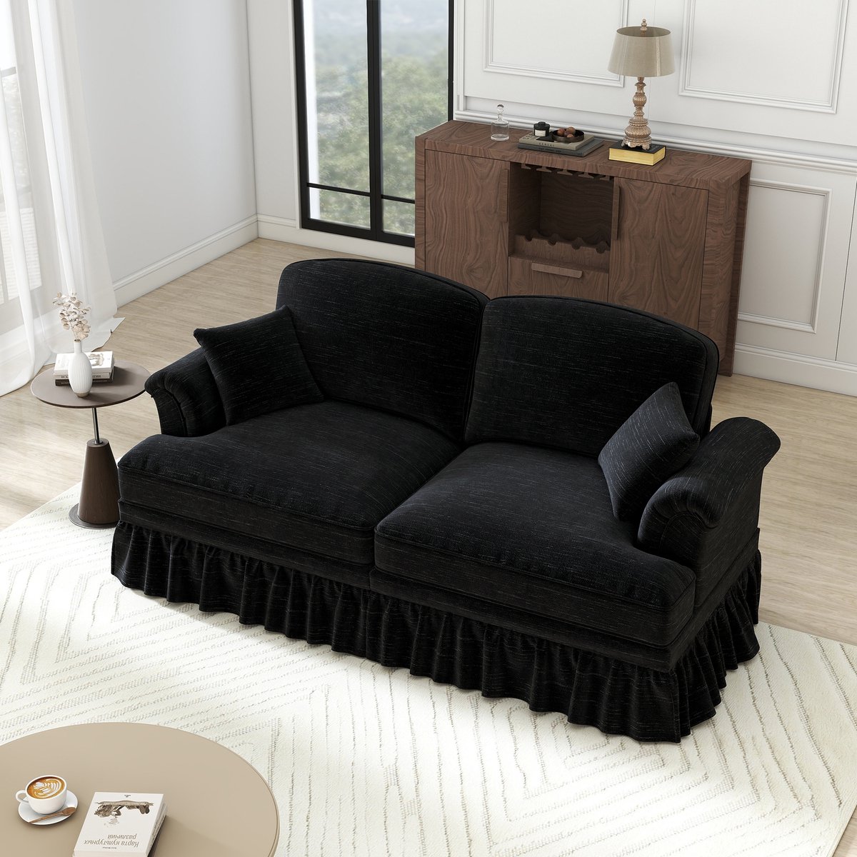 Sweiko 2-zitsbank - Afneembare biezen - Houten poten - Chenille stof - Zwart