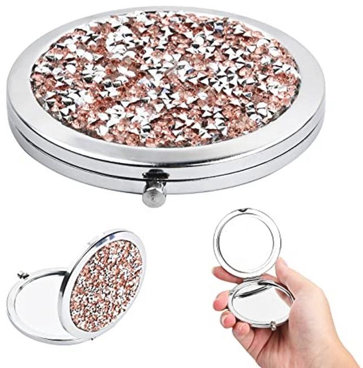Mini Makeup Mirror met Diamanten - Dubbelzijdige Reismirror - 70mm Portabele Rond Spiegel
