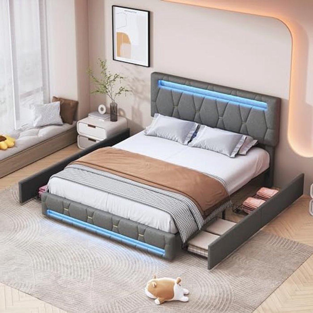 Tweepersoonsbed 160 x 200 cm met ledverlichting en USB-oplader, opklapbaar hoofdeinde en 4 opbergladen