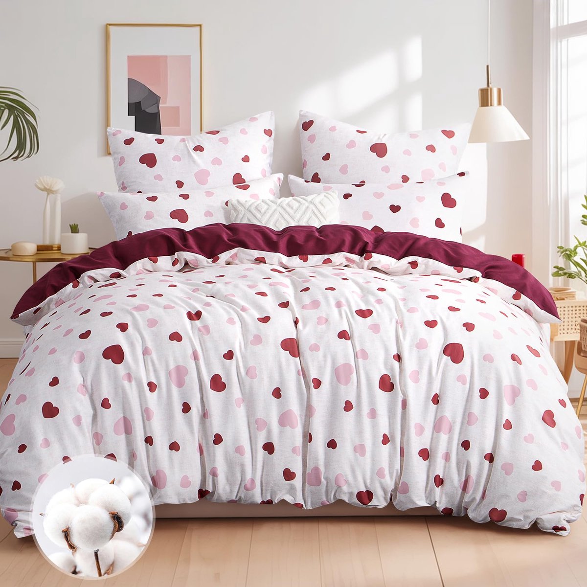 Unyqoos Elegant en ademend beddengoedset met hartmotief van katoen 200 x 220 cm harten rood