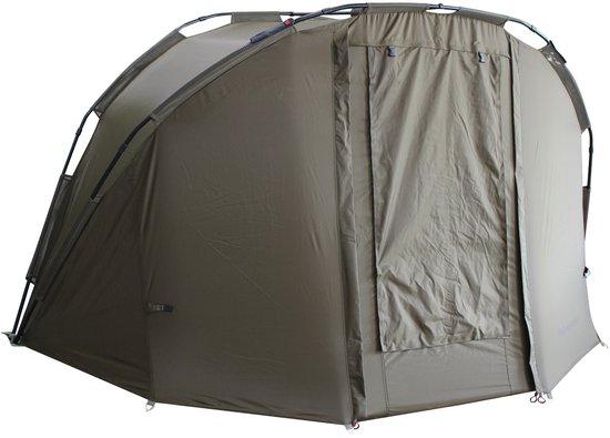 Bruine tent met gesloten voordeur en zicht op rechterzijkant.