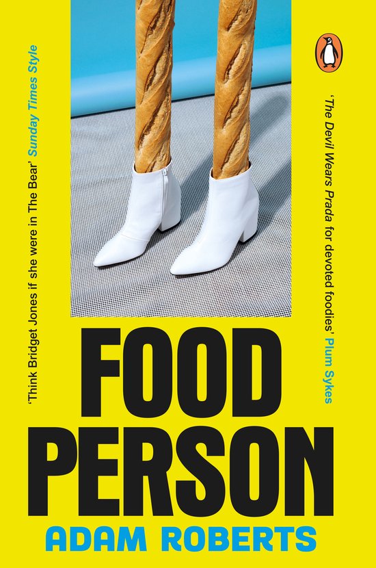 Boek kaft met "FOOD PERSON ADAM ROBERTS" in grote letters. Twee witte laarzen steken uit een stokbrood op een blauwe achtergrond.