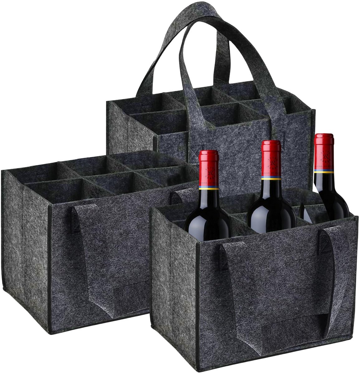 3 stuks flessenhouders voor 6 flessen: flessentas van vilt, herbruikbare vilten tas voor heren, wijnflestas voor bier, wijn, champagne, voor feesten en picknicks, zwart