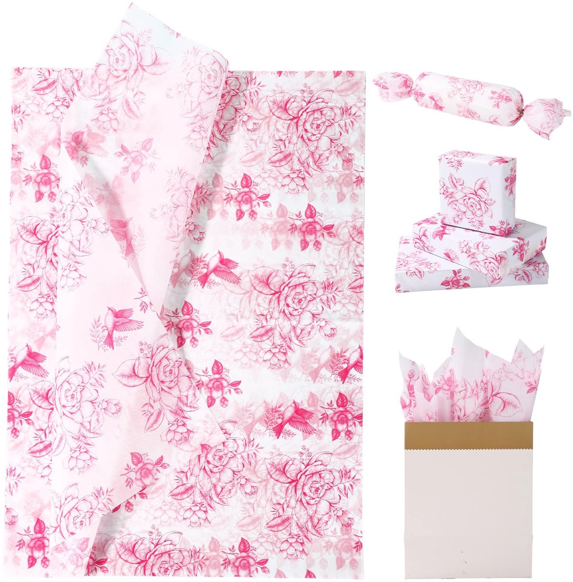 50st Bloemencadeaupapier, 50x35cm Chinoiseriebloemen Cadeaupapier voor Bruiloften Verjaardagen Babyshowers Cadeauverpakking (Roze)