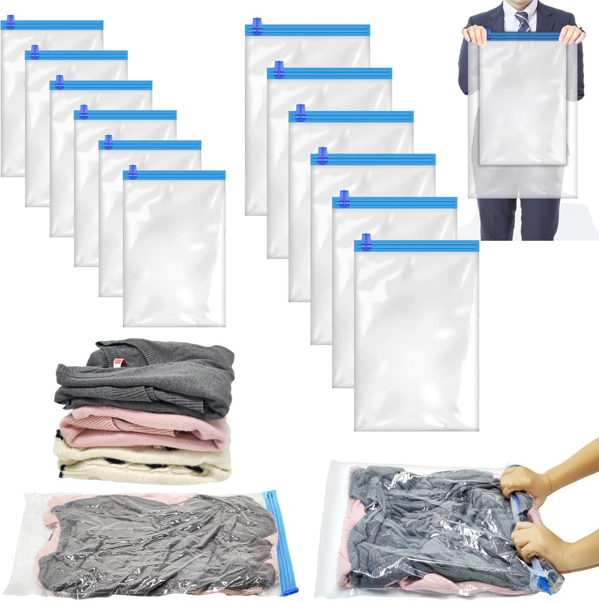 Unyqoos® Herbruikbare vacuümzakken voor kleding en reisbagage, set van 12 stuks