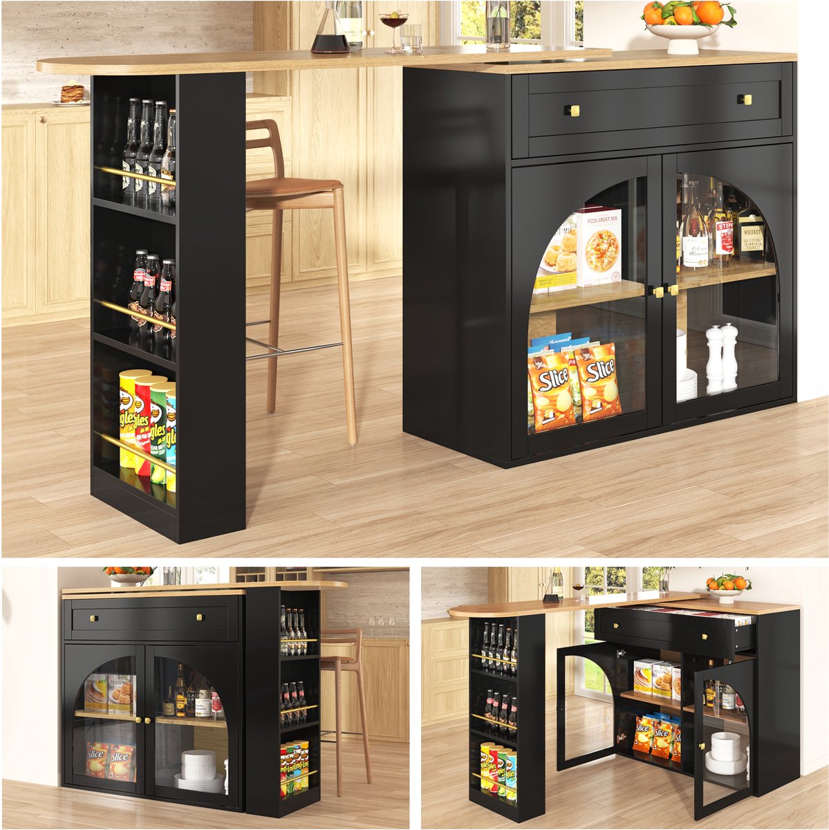 REDOM Uitschuifbare bartafel 138–204×39×104 cm – 360° draaibaar, zwart MDF, 3-vaks zijrek, veiligheidsglas