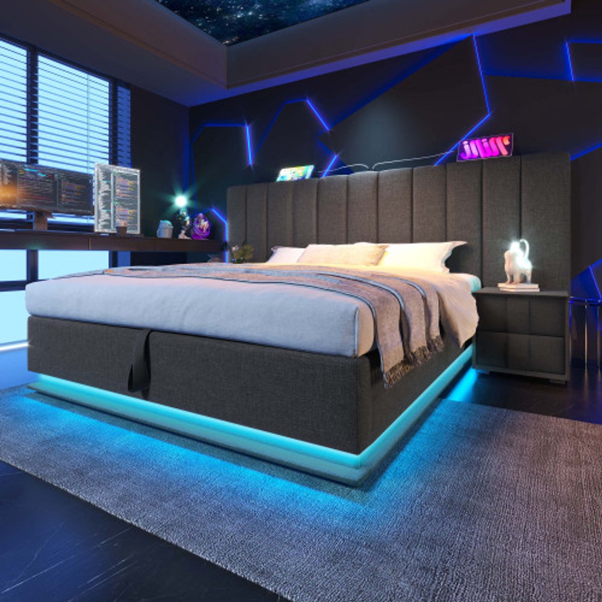 Gutent Gestoffeerd bed 160x200 cm-tweepersoonsbed met opbergruimte-bedframe met lattenbodem-linnen-grijs-zonder matras en nachtkastje