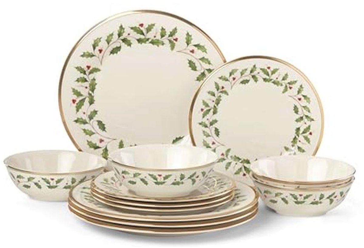 12-delige Bord & Kom Set met Hulstmotief - BONE CHINA, Rood & Groen