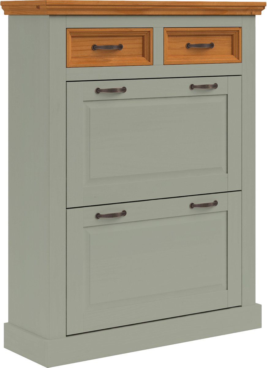 Selma Schoenenkast met 2 Kleppen en 2 Lades - Massief Grenenhout - 90 x 30 x 115 cm - Groen