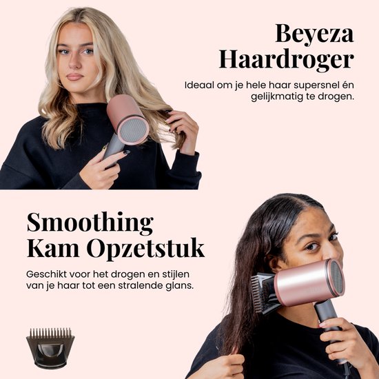 Vrouw met blond haar en de Beyeza haardroger met kam opzetstuk. Vrouw met donker haar en de kam opzetstuk.