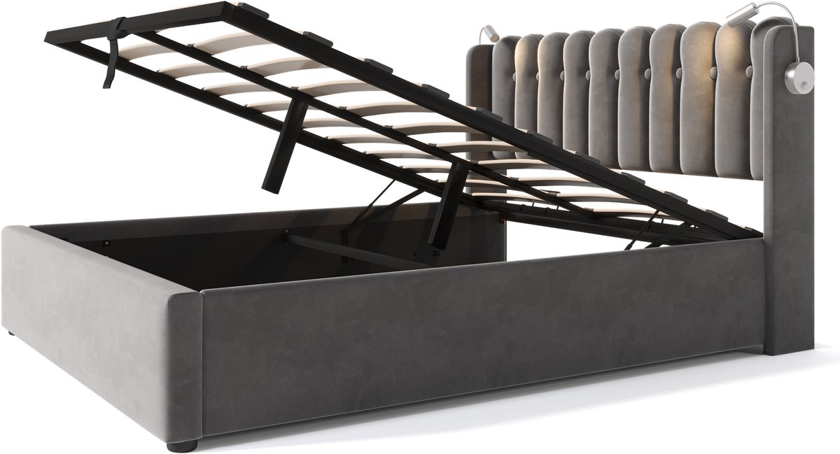 Wishdor Gestoffeerd Opbergbed 140x200 cm – Met Leeskopbord & USB Opladers – Grijs Fluweel – Robuust Metalen Frame – Incl. Gasdrukveren – Ideaal voor Jouw Slaapkamer