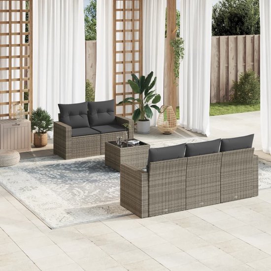 vidaXL - 6-delige - Loungeset - met - kussens - poly - rattan - grijs