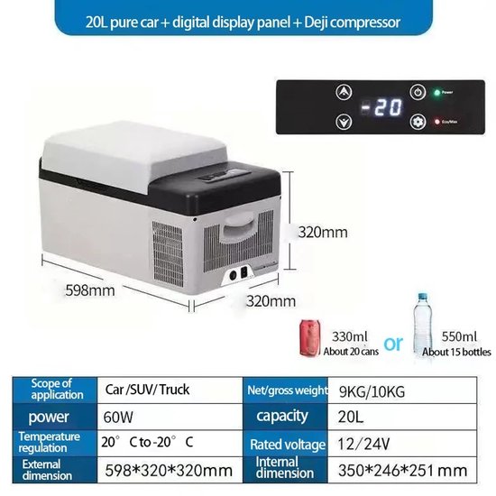 Lunekiss Draagbare Mini Koelkast 20L - Compressor Koelbox - Dual Zone - 12/24V & 110–240V - Grijs van Merkloos — afbeelding 2