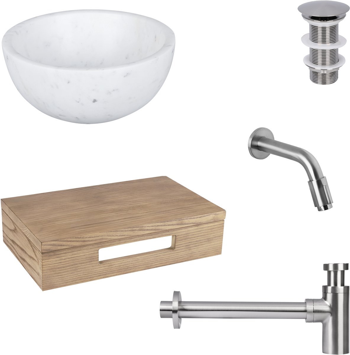Differnz Ruz fonteinset - waskom marmer - muurkraan 15 cm mat chroom - inclusief wastafelplank licht eiken