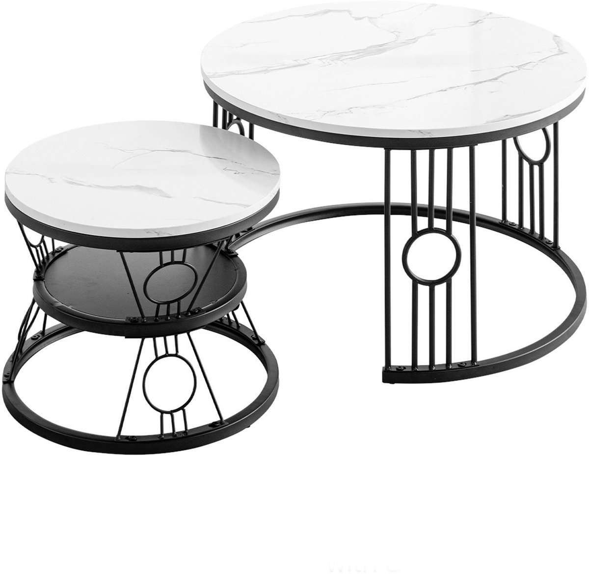 Wishdor Ronde Salontafel Set van 2 - Nesttafels met Extra Plank - Marmerlook - Zwart Metaal - Ø 70 / Ø 45 cm Wit