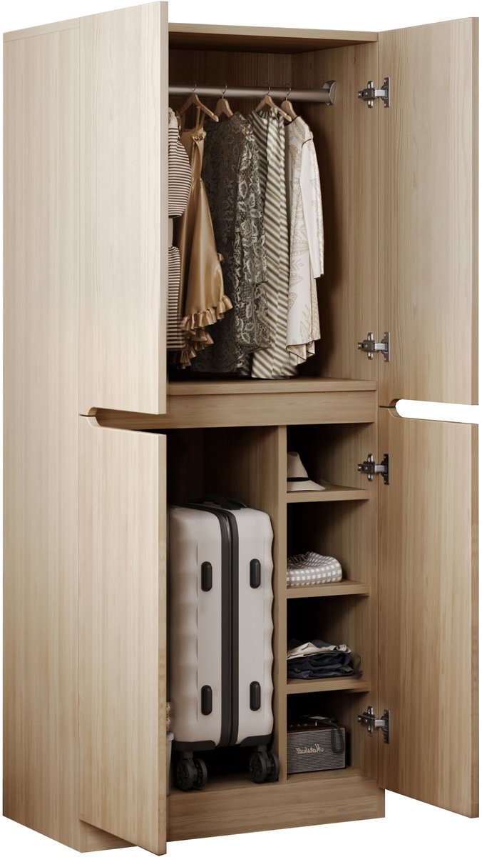 Merax Kledingkast Houtkleur – 70x40x170 cm – Dubbeldelige Garderobekast met Hangruimte en Opbergvakken – Ruime Kast voor Slaapkamer en Hal Natuurlijk