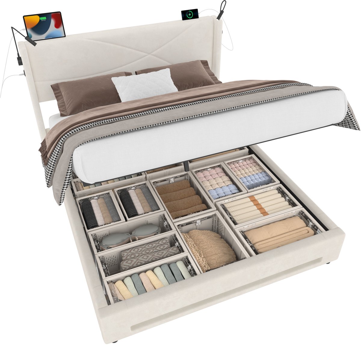 Merax Gestoffeerd Bed 160 x 200 cm - Bed met Opbergruimte - Fluwelen Stof - LED Verlichting met Afstandsbediening - USB-Aansluitingen - Beige