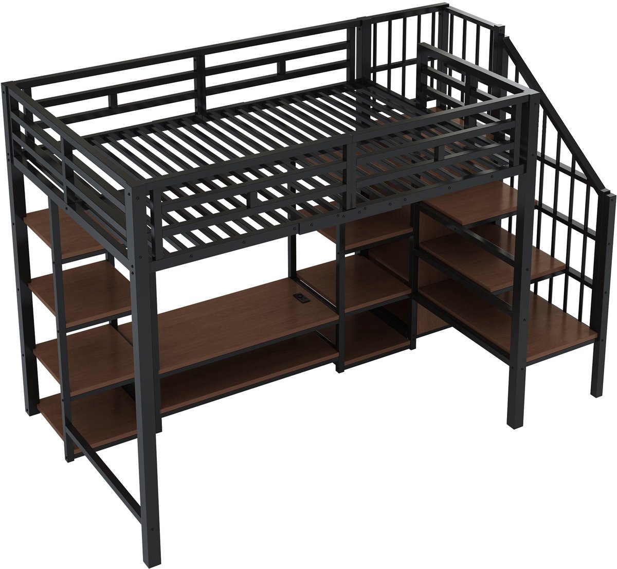Merax Metalen Hoogslaper 90x200 - Zwart - met Tv-standaard en Stopcontact - met Opbergtrap en Bureau - Ruimtebesparend Hoogbed
