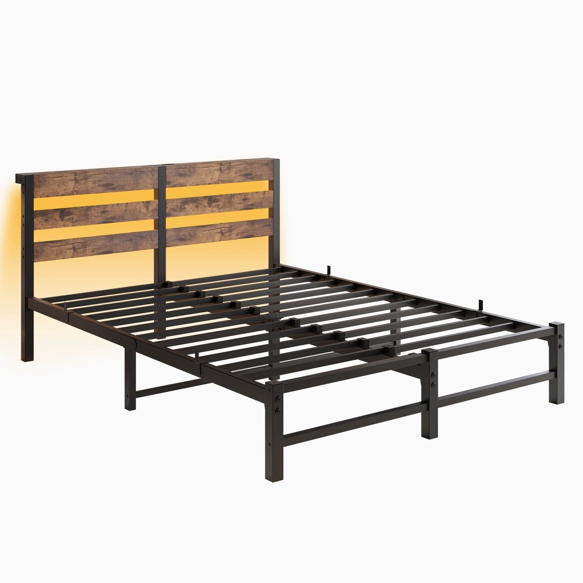 Merax Metalen Bedframe 140x200 - Zwart-Bruin - LED Verlichting Met App Bediening En Muziekmodus - Hoofdbord Met USB Oplaadstation - Stalen Lattenbodem - 27 Cm Opbergruimte Onder Het Bed - Geen Boxspring Nodig