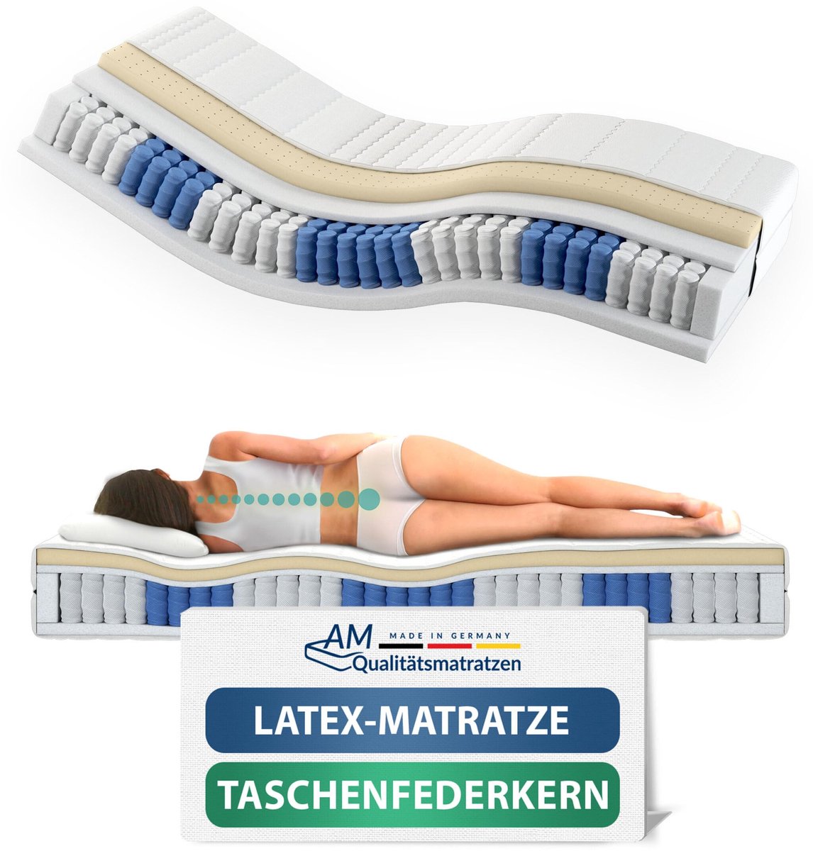 AM Qualitätsmatratzen - Latex matras 200x200cm - Gemiddeld (H3) - Latex pocketveringmatras - Matras met geïntegreerde 4cm latex deklaag - 24cm hoogte - Made in Germany