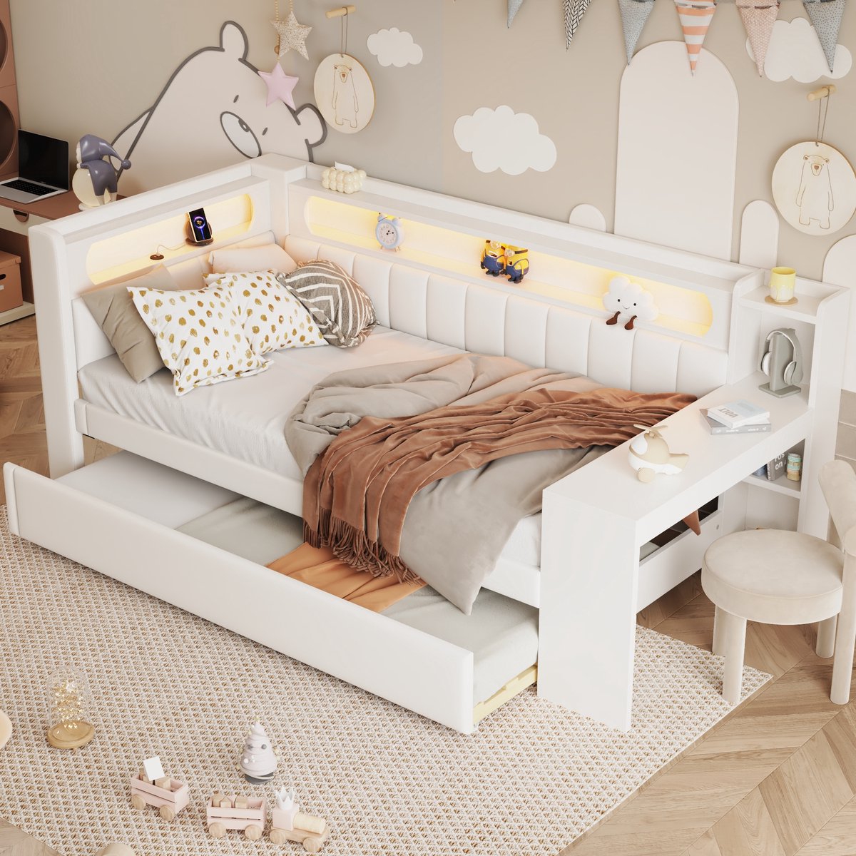 STILVORA Gestoffeerd Bed 90x200 cm – Eenpersoonsbed Met Ingebouwde USB & LED (7 Kleuren) – Uitklapbed 90x190 cm Met Bureau – MDF Bekleed – Wit – Zonder Matras