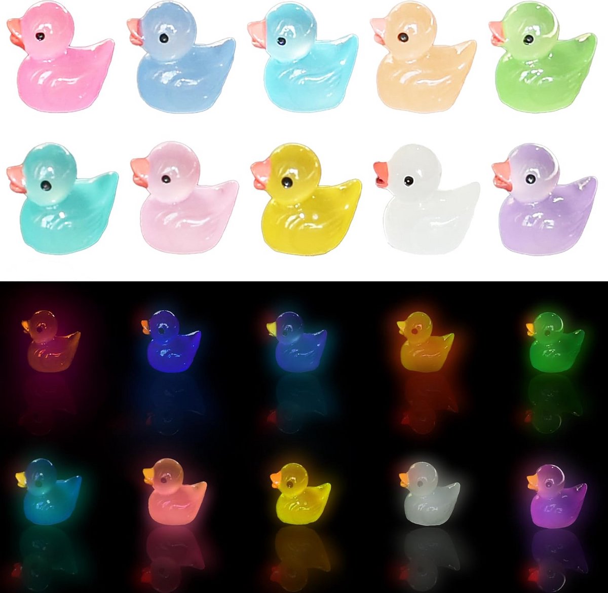 Glow in the dark miniatuur eend figuren - 50 stuks in 10 kleuren voor ambacht en decoratie