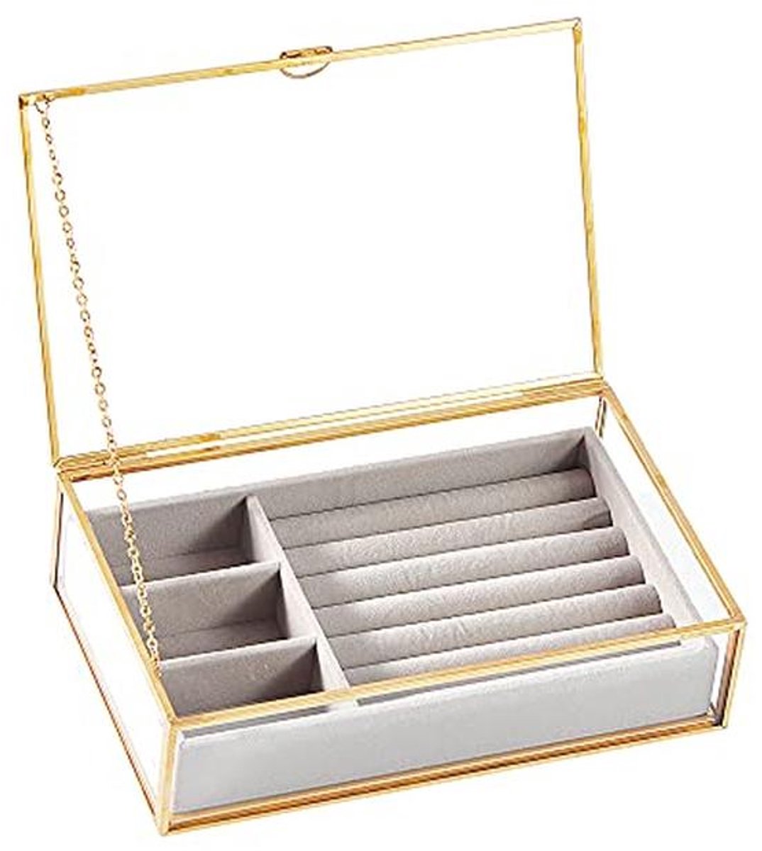 Vintage Glazen Sieraden Doos met Fluwelen Organizer - 8.3x5.3x2 in