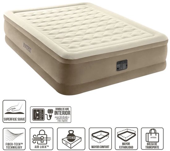 Un matelas pneumatique Intex crème et brun avec pompe intégrée. Des icônes montrent des fonctionnalités comme le confort et la stabilité.