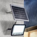 Solar schijnwerper met zonnepaneel, gemonteerd op een muur in de regen.