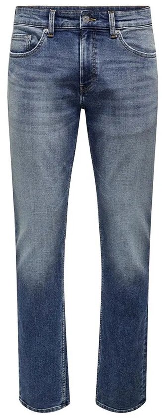 Blauwe regular fit spijkerbroek met licht verkleurende pijpen.