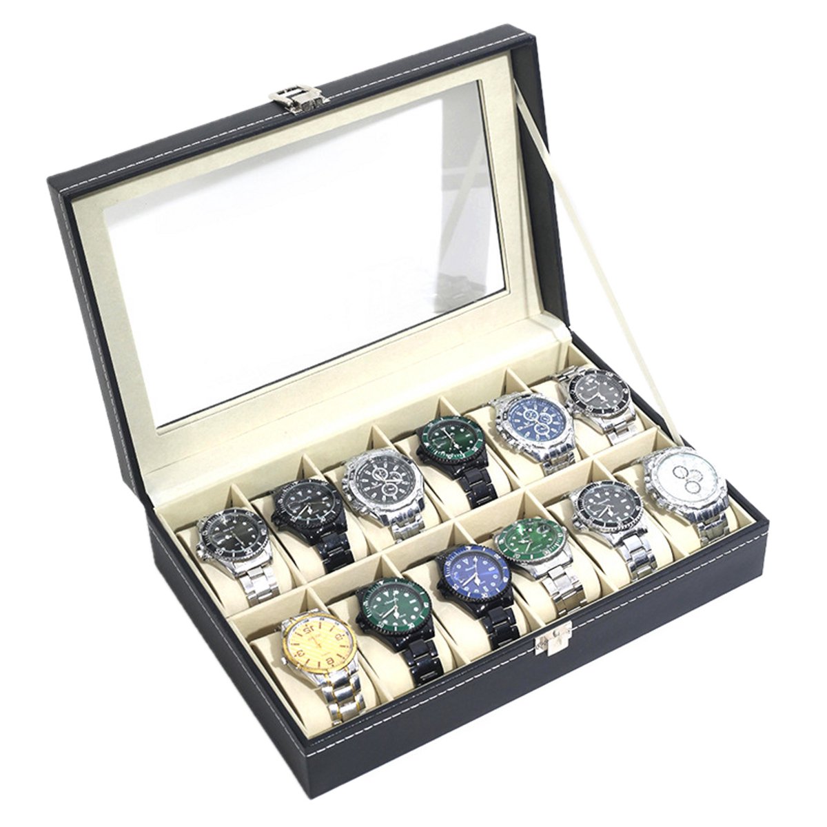 Horlogedoos - Horlogekist met 12 vakken - 30*20*8 cm - Opbergdoos voor horloges en mechanische horloges - Opbergdoos voor thuis - Horlogedoos met grote capaciteit - Vitrine - Horloges niet inbegrepen - Met transparant deksel - Uitneembare kussentjes