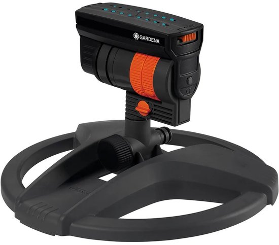 Arroseur oscillant GARDENA compact avec anneaux orange et têtes d'arrosage, sur une base noire.
