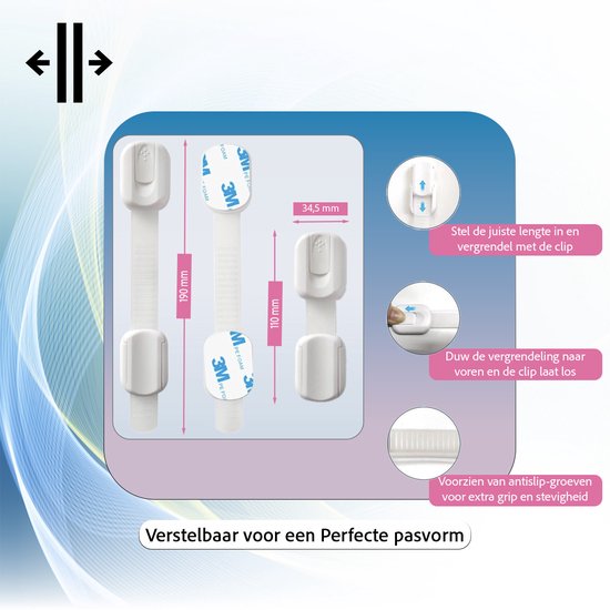 Verstelbare witte kindersloten, 190 mm en 110 mm lang, met 3M tape.