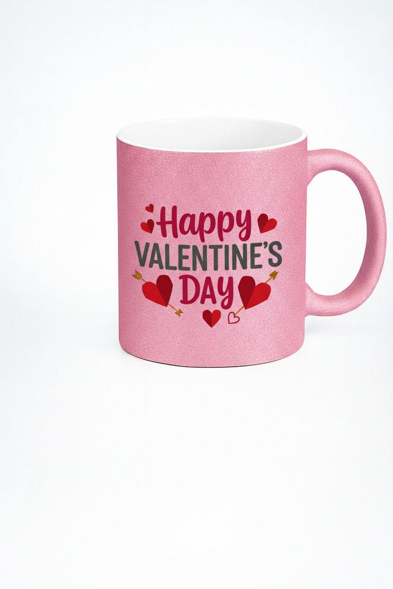 Roze Glitter Valentijnsdag Mok 'Happy Valentine's Day' - Romantisch Cadeau