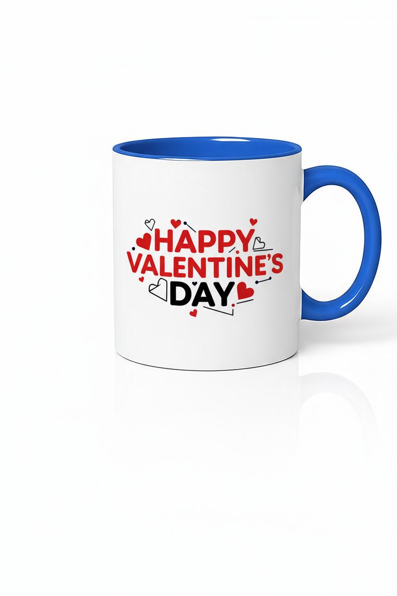 Valentijnsdag Mok Happy Valentine's Day met Blauwe Rand & Handvat - Liefdevol Cadeau