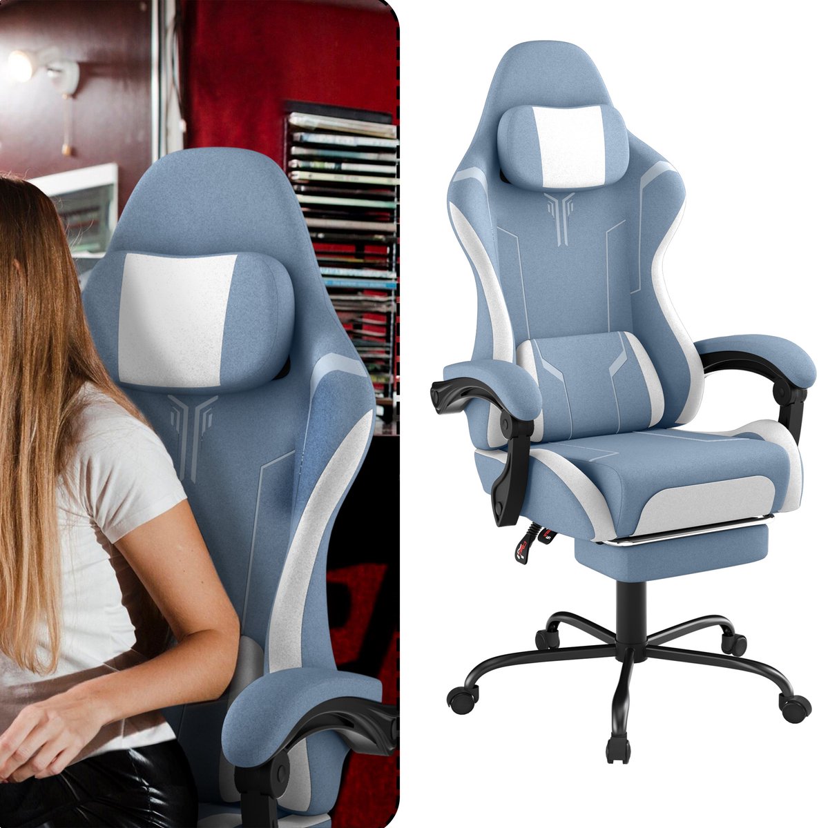Aufun Gaming Stuhl - Ergonomische Computerstoel met Massage - Bureaustoel met Lendenkussen en Voetensteun - Gewatteerde Armleuningen en Hoofdsteun - Blauw