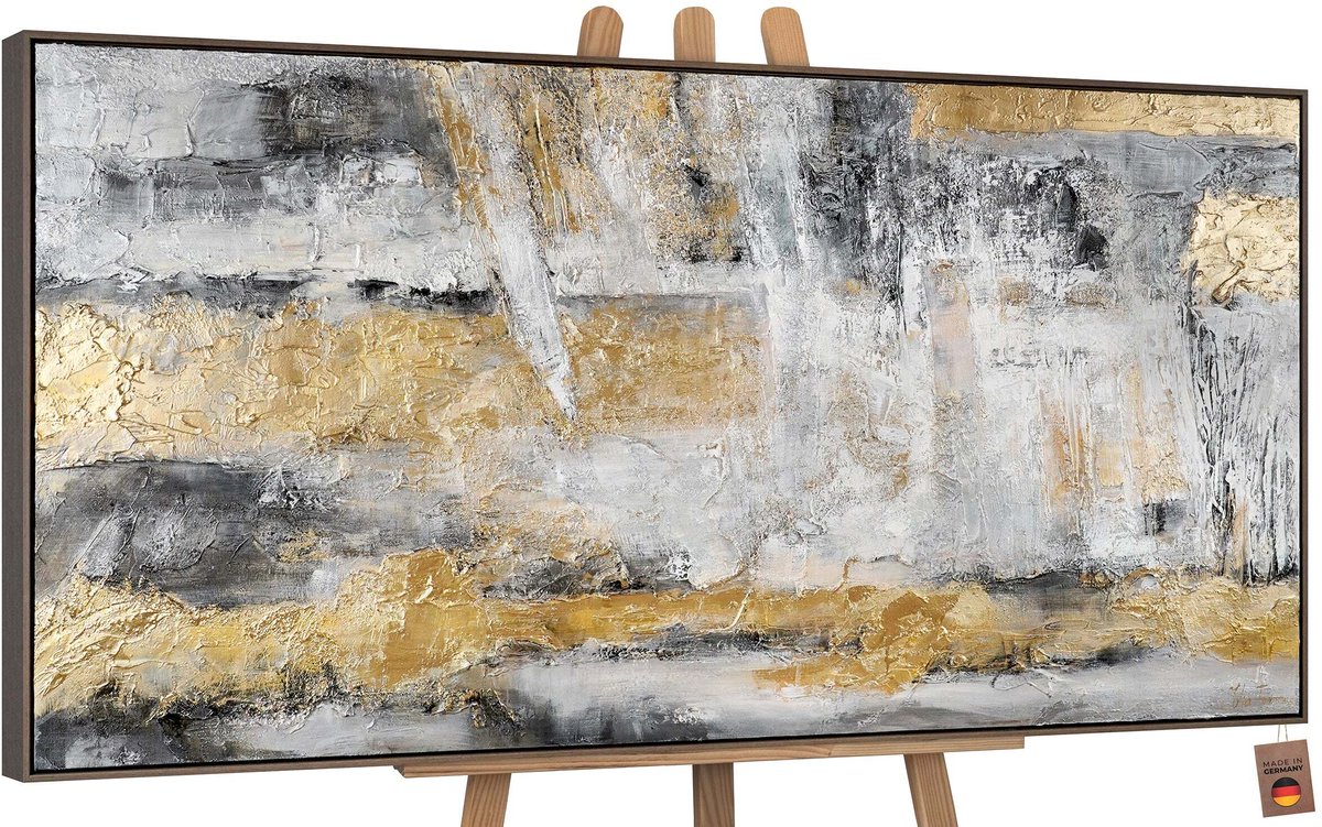 YS Schilderij - Handgeschilderd canvas schilderij - Wanddecoratie Abstract - grijs en goud - Textuur - Muurdecoratie woonkamer - Slaapkamer decoratie - Kamer accessoires - abstracte schilderij - schilderij canvas Grey 200x100
