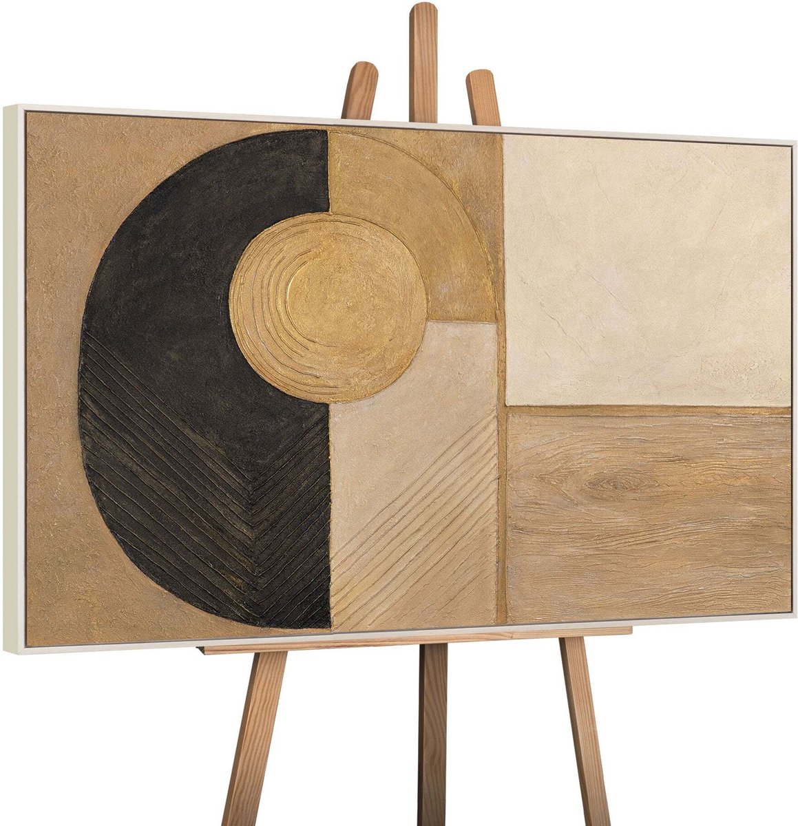 YS Canvas schilderij 120x80 cm handgeschilderd vorm en textuur – YS-Art Gallery – Lijst: Hout – Luxe wanddecoratie Beige