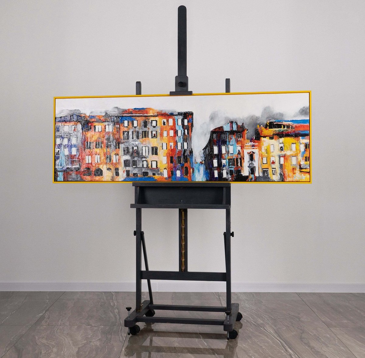 YS Canvas schilderij 150x50 cm handgeschilderd klein stadje nostalgisch charmant – YS-Art Gallery – Charmante wanddecoratie voor woonkamer – Modern schilderij voor hal Yellow