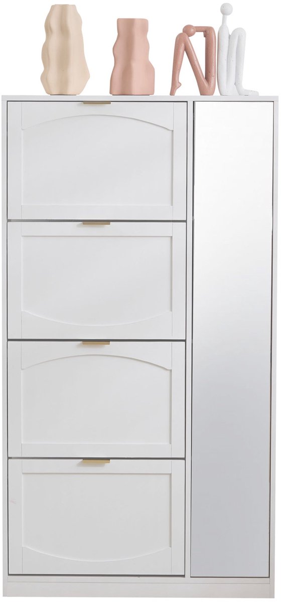 Merax Schoenenkast met Spiegel – Smalle Halkast met 4 Klapvakken en Verstelbare Planken – Witte Schoenenopberger 80×24×147 cm