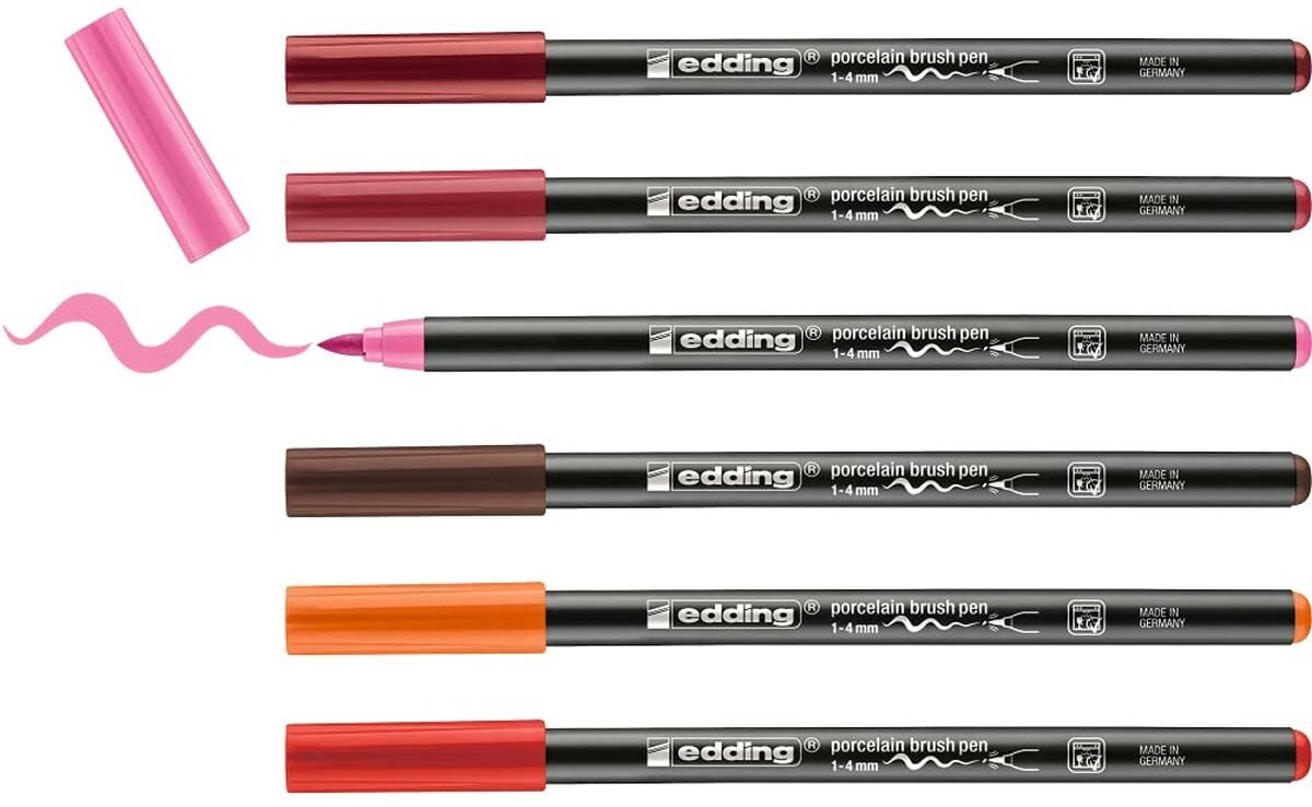 edding 4200 porselein stiften - warme kleuren set - 6 stiften - flexibele penseelpunt 1-4mm - viltstift voor het schilderen en decoreren van keramiek porselein - vaatwasmachinebestendig, lichtechte inkt, sneldrogend — afbeelding 5