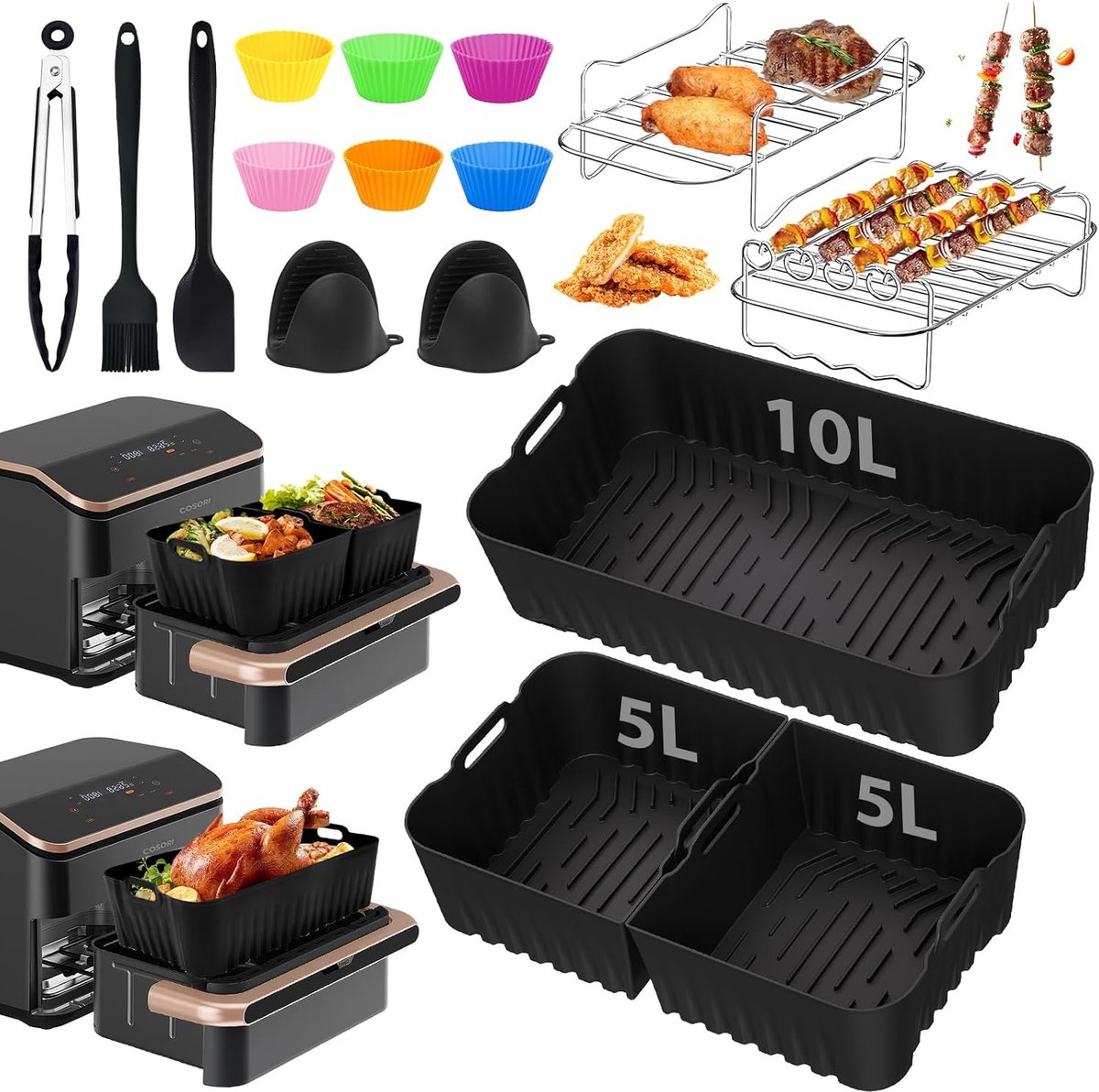 Heteluchtfriteuse accessoires Gescht voor Cosori Dual Blaze TwinFry XXL 10 l Cosori heteluchtfriteuse 10 l siliconen vorm accessoires (1 x 10 l en 2 x 5 l) met grillrooster andere accessoires