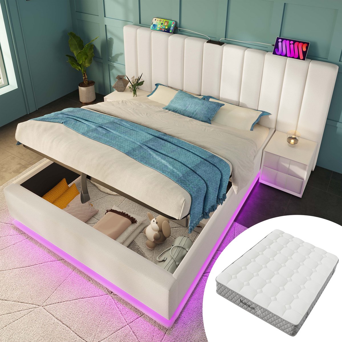 HAUSS SPOLE Gestoffeerd Bed 180x200cm - 7-Zone Pocketveringmatras H3 - Hydraulisch Opbergbed Met LED App-Besturing En 20W USB-C Laadpoort - PU - Wit - Met Matras